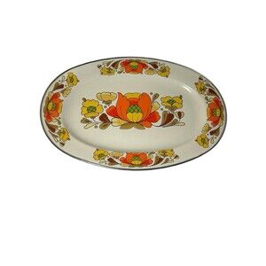 Vintage Turkey Platter 1970s Orange Yellow Enamel Ware Country Flowers Japan 18”